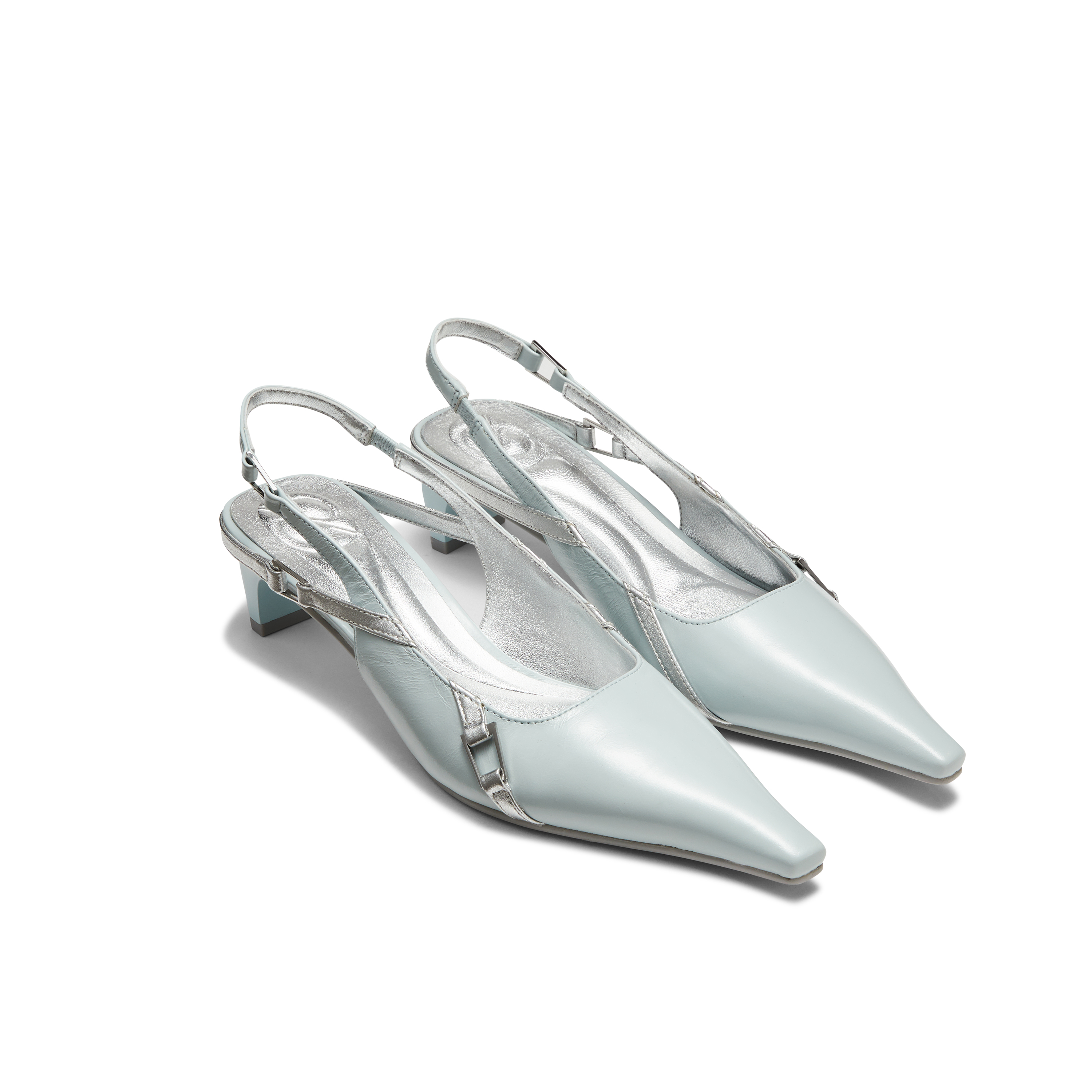 Pointed toe thin buckle nude heels light blue