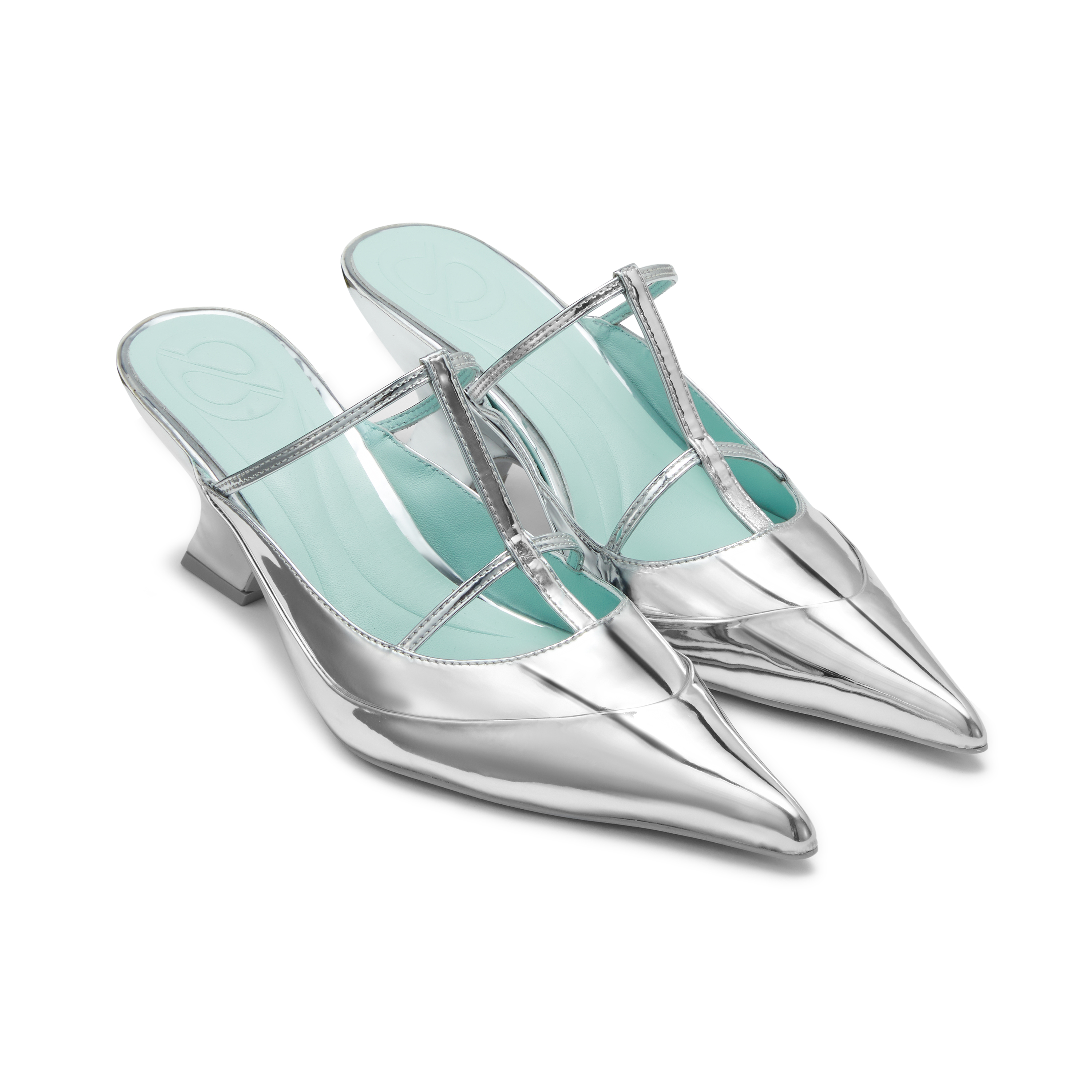 Pointed toe patchwork thin strap sandals in silver