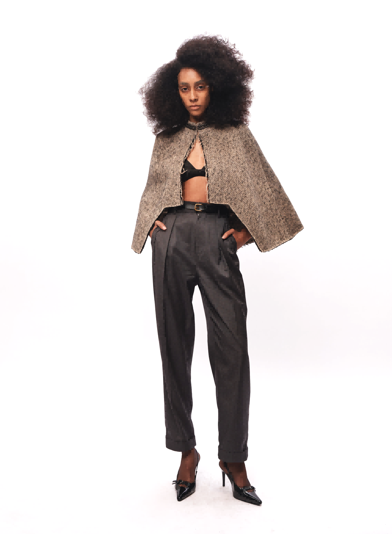 Brown wool cape with textured collar and raw edges