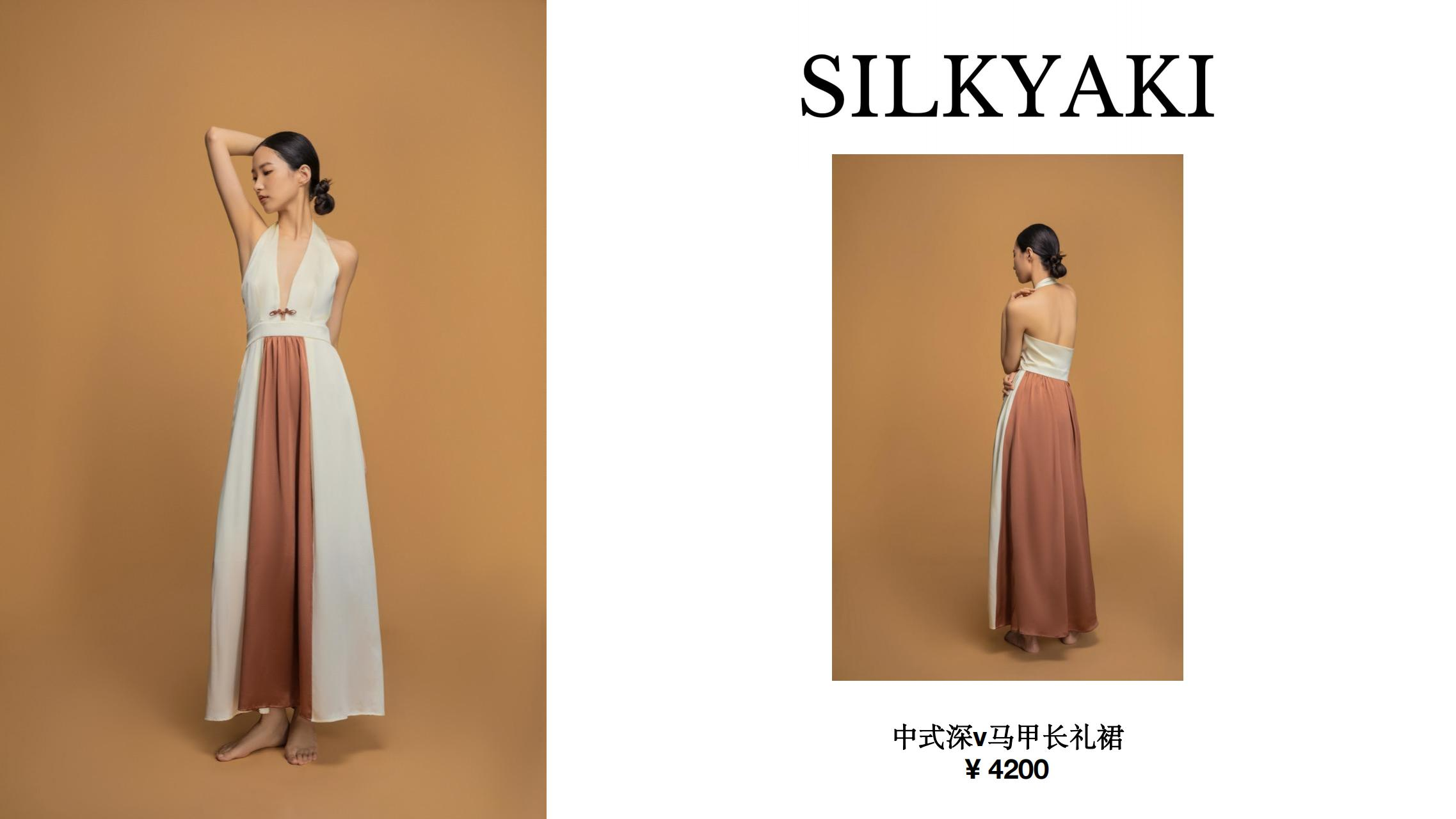 V-neck backless silk maxi dress in color combination