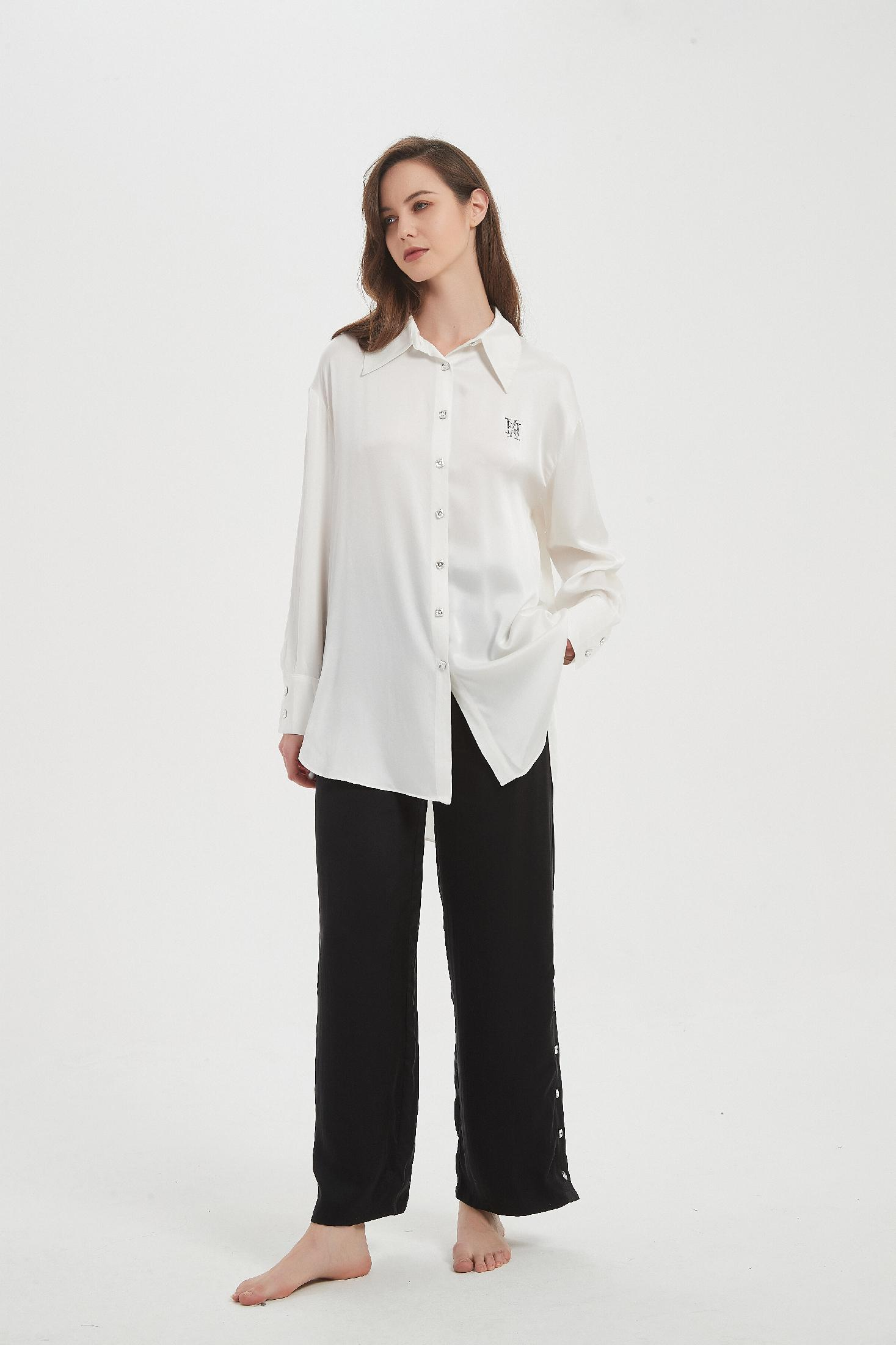 Crystal Button Classic Black Silk Trousers Black