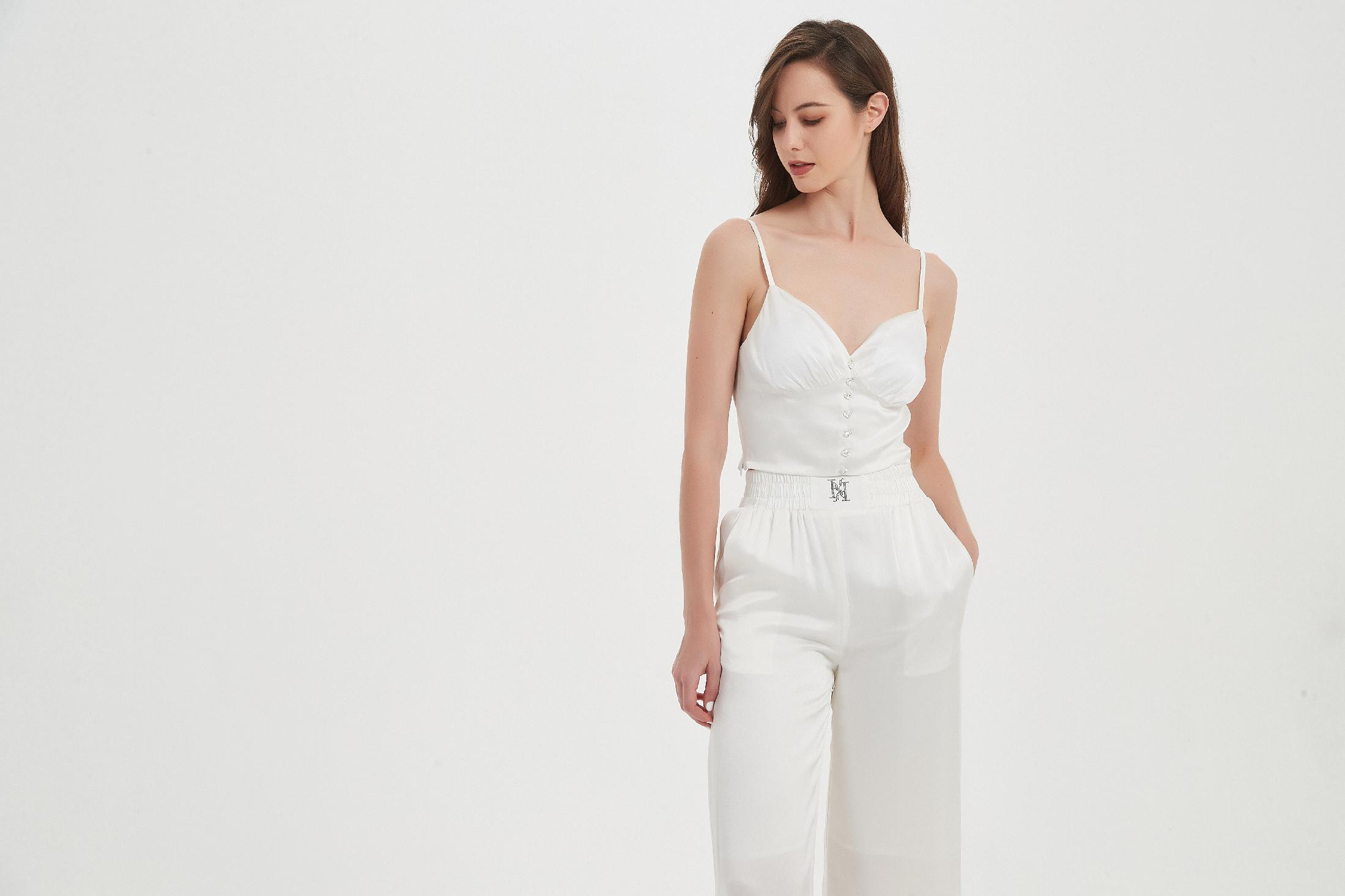 Love Crystal Button Classic Black Silk Vest White