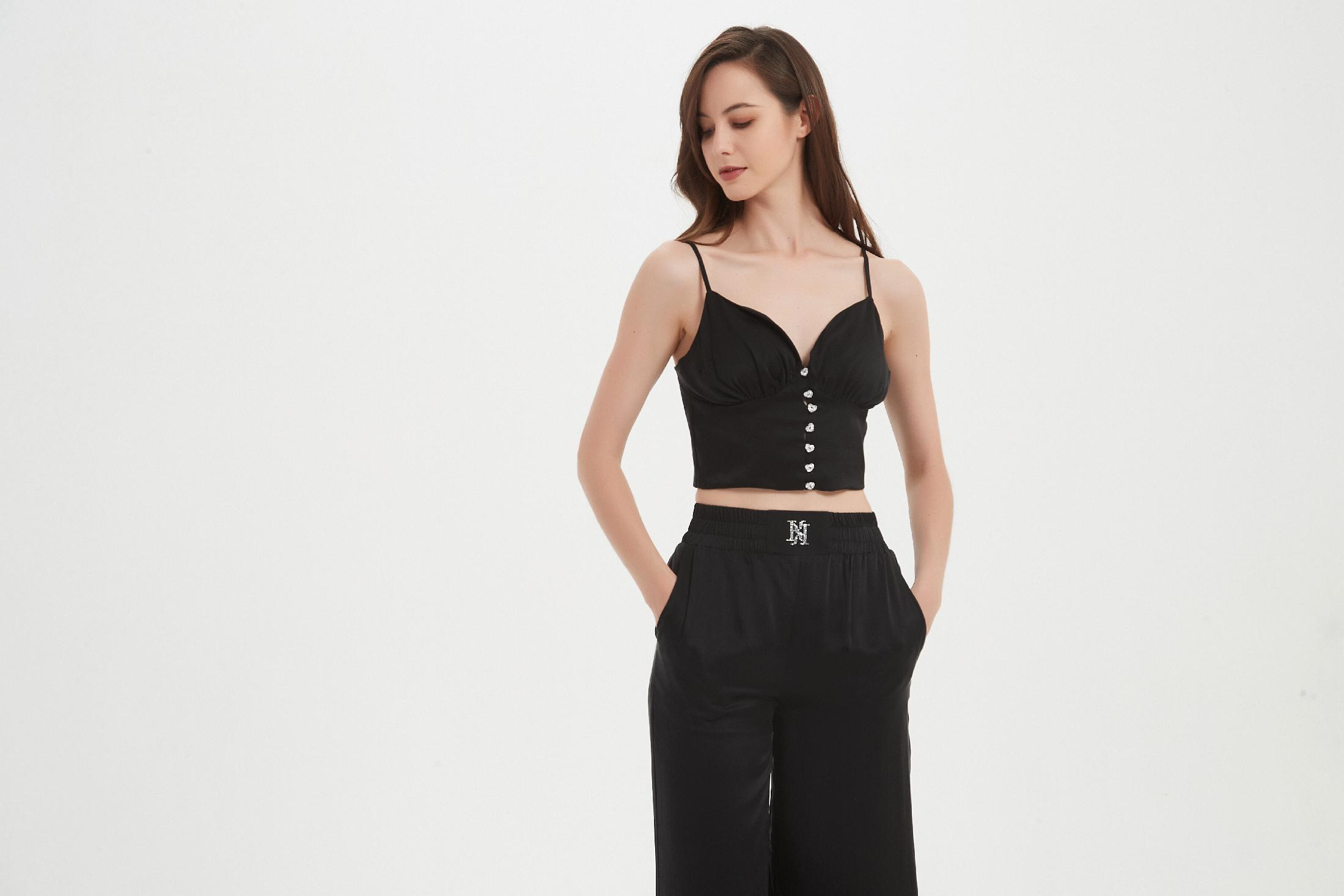 Love crystal buckle classic black silk vest black