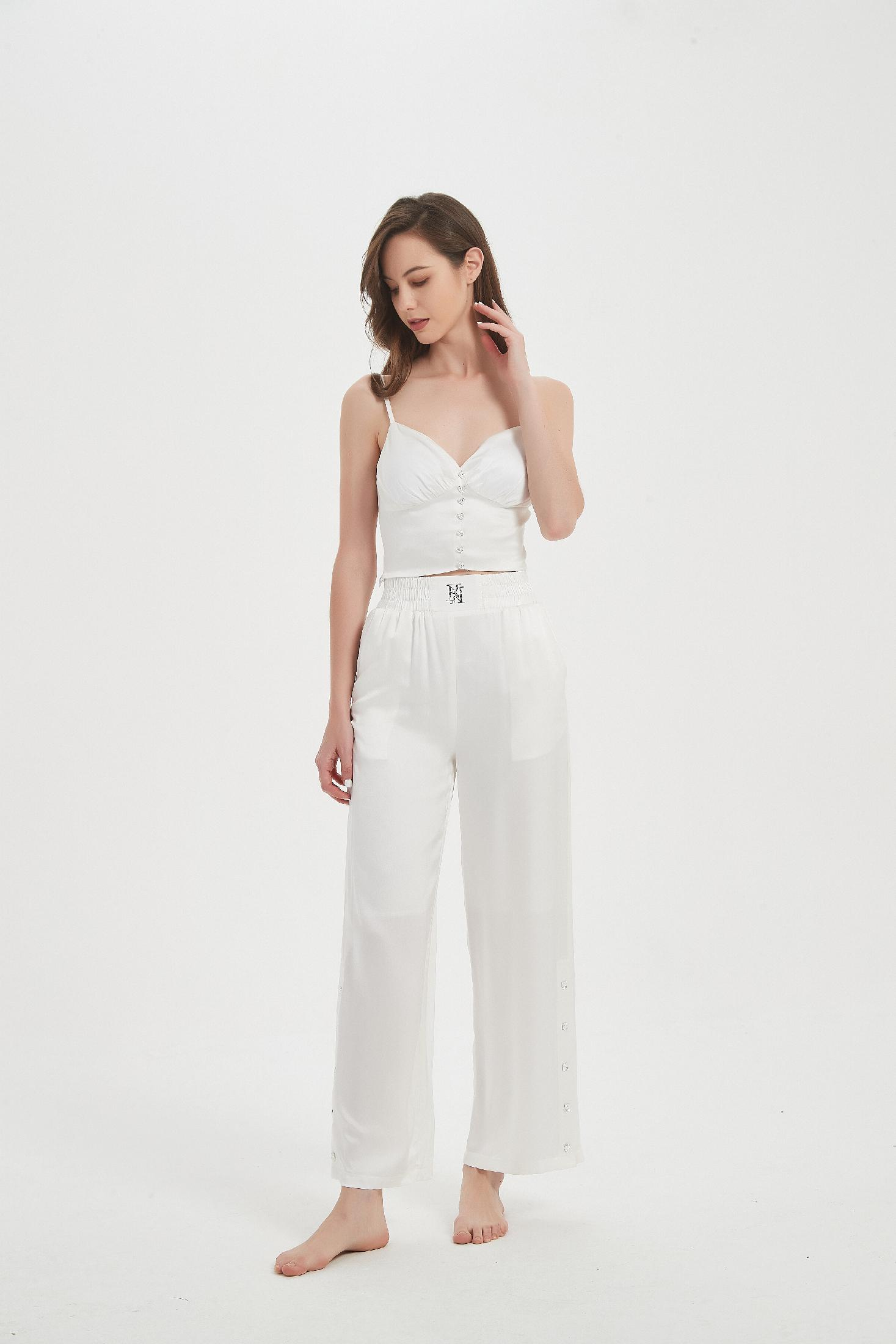 Classic silk trousers with crystal buttons in white