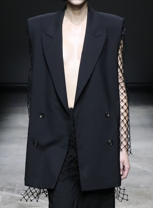 Mesh sleeve double breasted blazer black