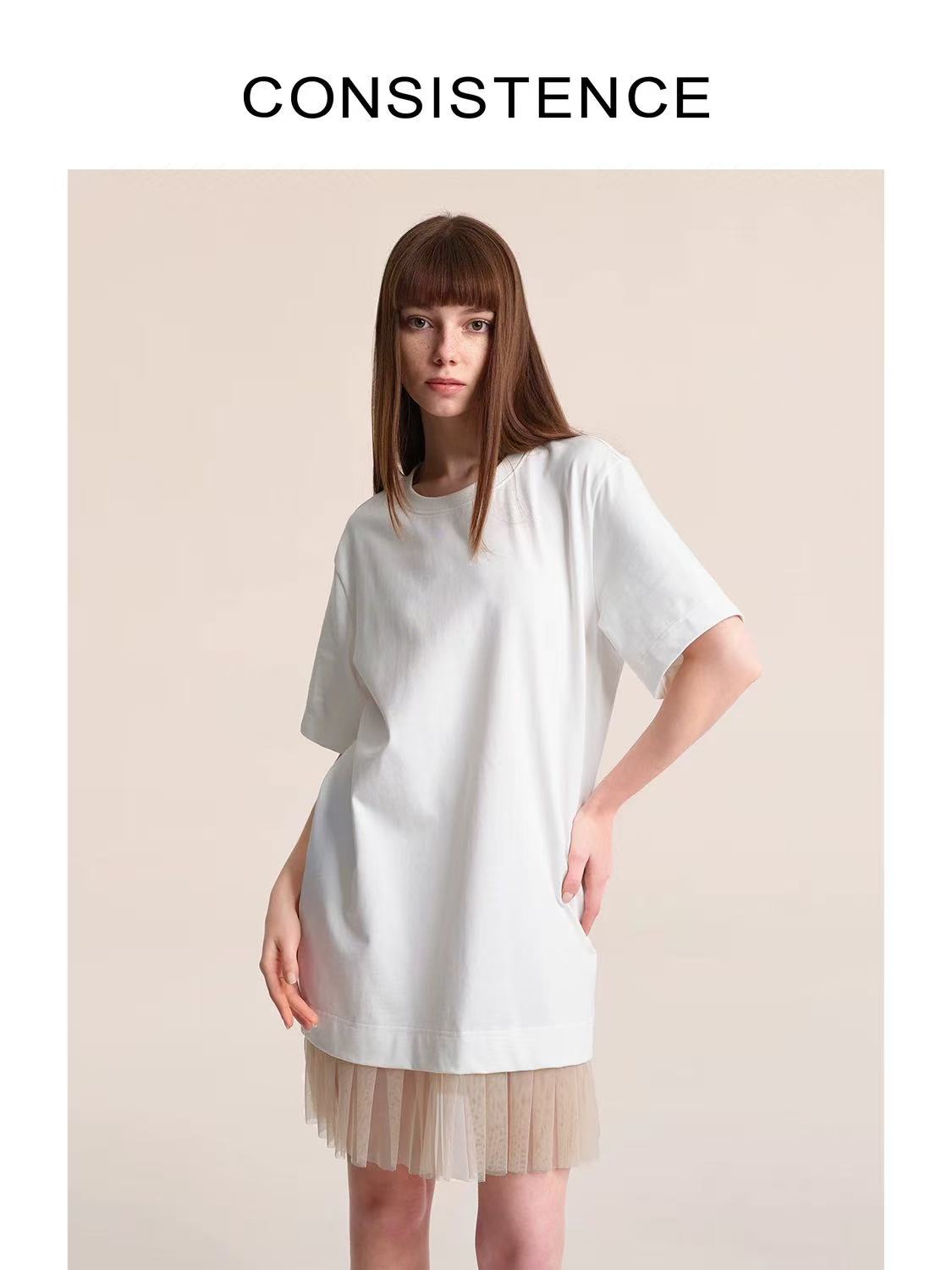 Hem mesh T-shirt dress white