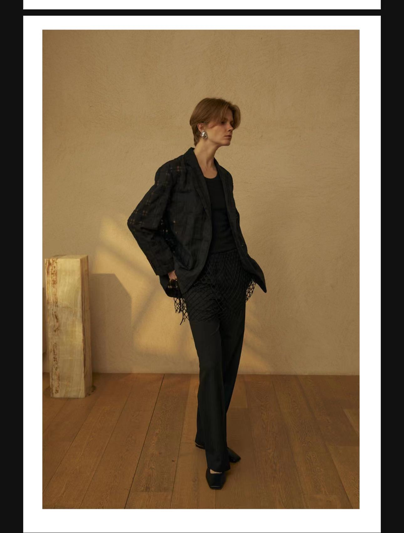 Semi-transparent plaid loose suit navy blue