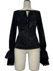 Black tie-back blouse with bateau collar and balloon sleeves