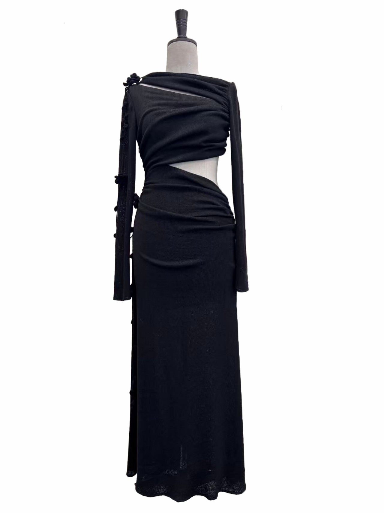Asymmetrical draped three-dimensional floral dress