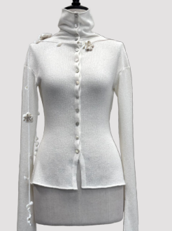High collar knitted waist 3D floral top