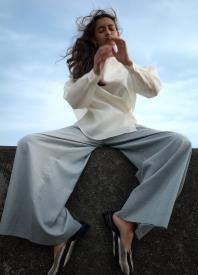 High waisted wide leg wool trousers gray green