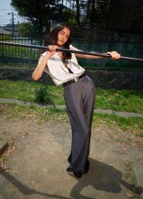 Asymmetrical slit wide-leg trousers