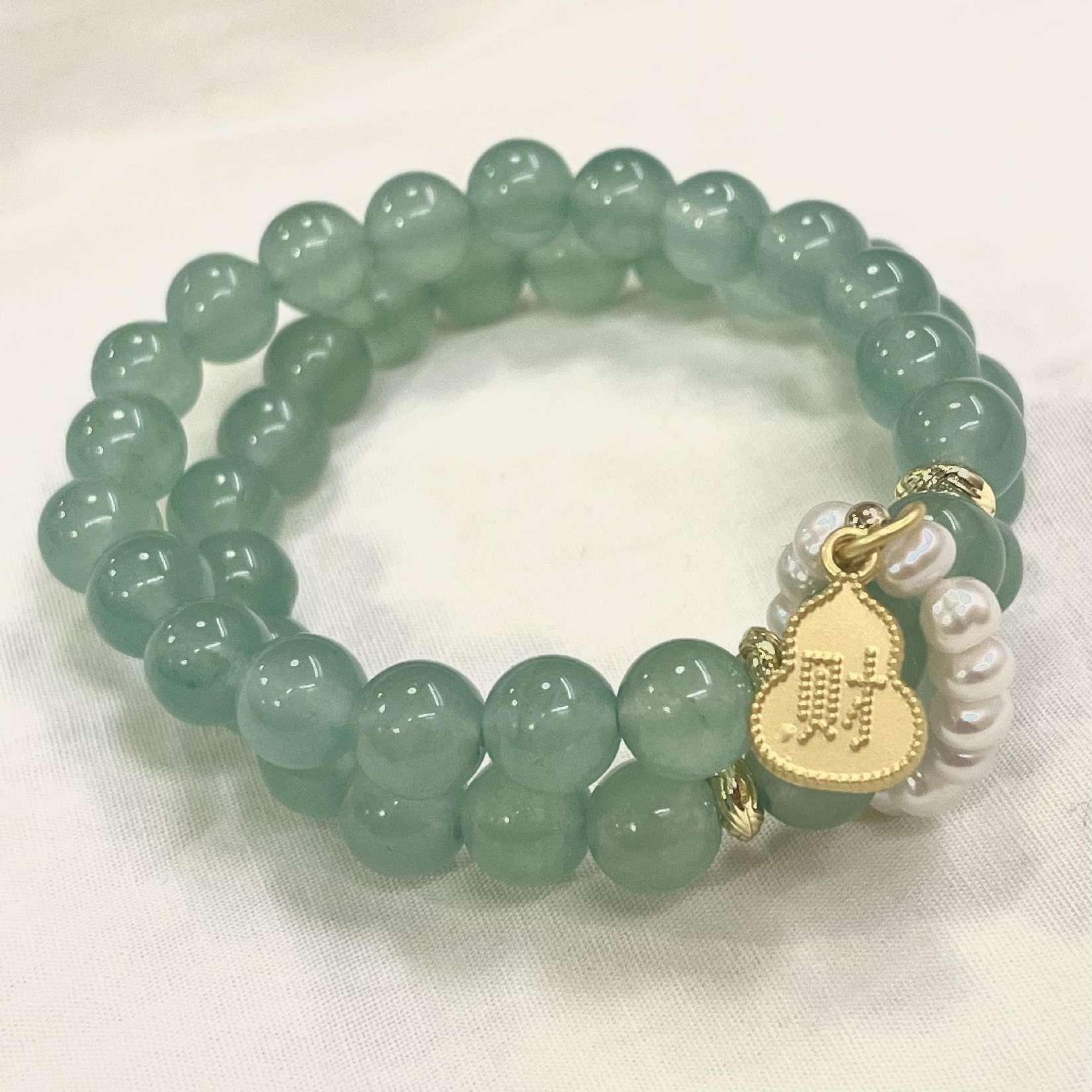 Green jade fortune gold gourd bracelet