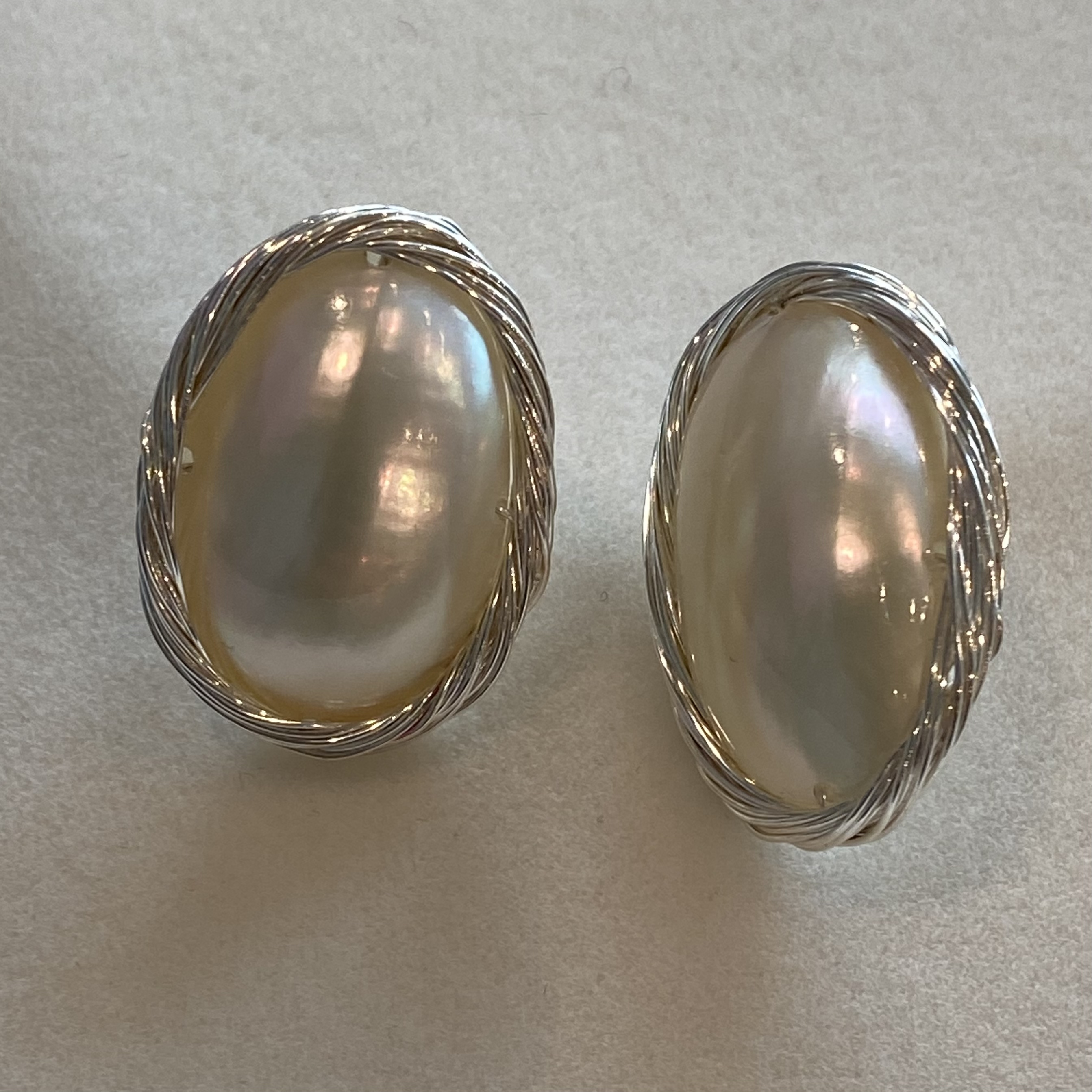 Vintage Silver Braided Freshwater Mabe Stud Earrings - Image 1