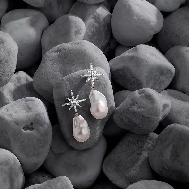 Six Pointed Star Silver Stud Baroque Pearl Stud Earrings