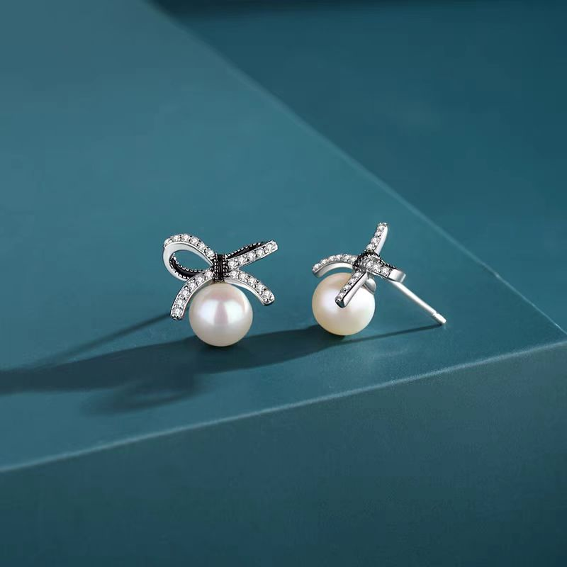 Crystal Bow Pearl Stud Earrings