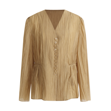 Gauze pleated single-breasted top in linen color