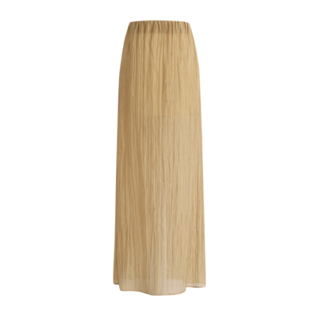 Gauze-feel pleated elastic floor-length skirt in linen color