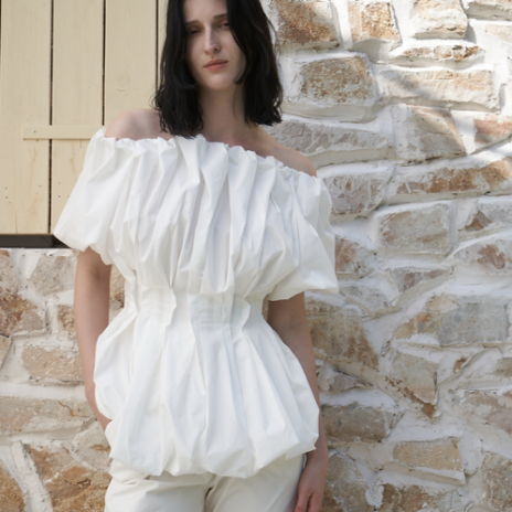 Accordion pleated off-shoulder drape top in white