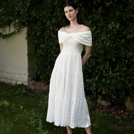 White off-shoulder corset cake dress