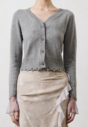 Gray yak velvet short knitted cardigan with cuffs spliced with grass-dyed printed mesh