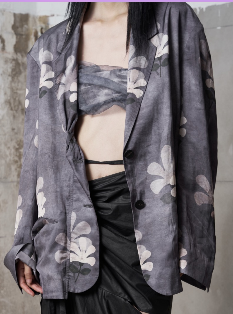Imported island silk original gulixiang printed three-dimensional knot coat gray