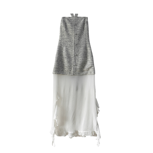 Gray imported small fragrant woven fabric spliced silk ruffled halterneck long skirt