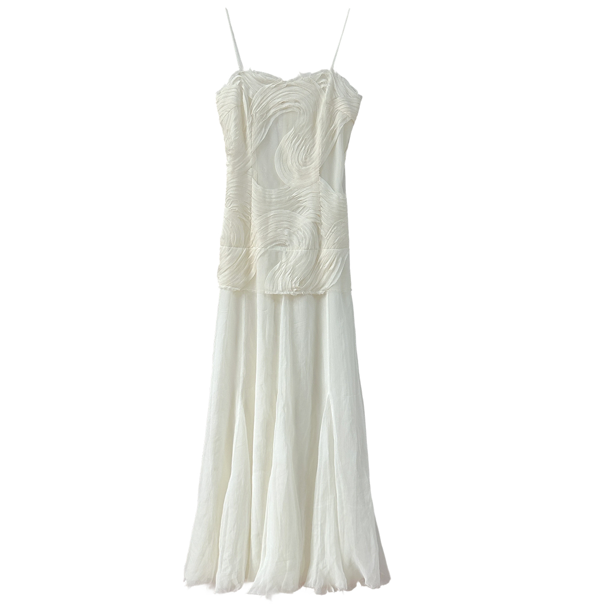 Three-dimensional wave fabric stitching silk oversized skirt vacation dress white
