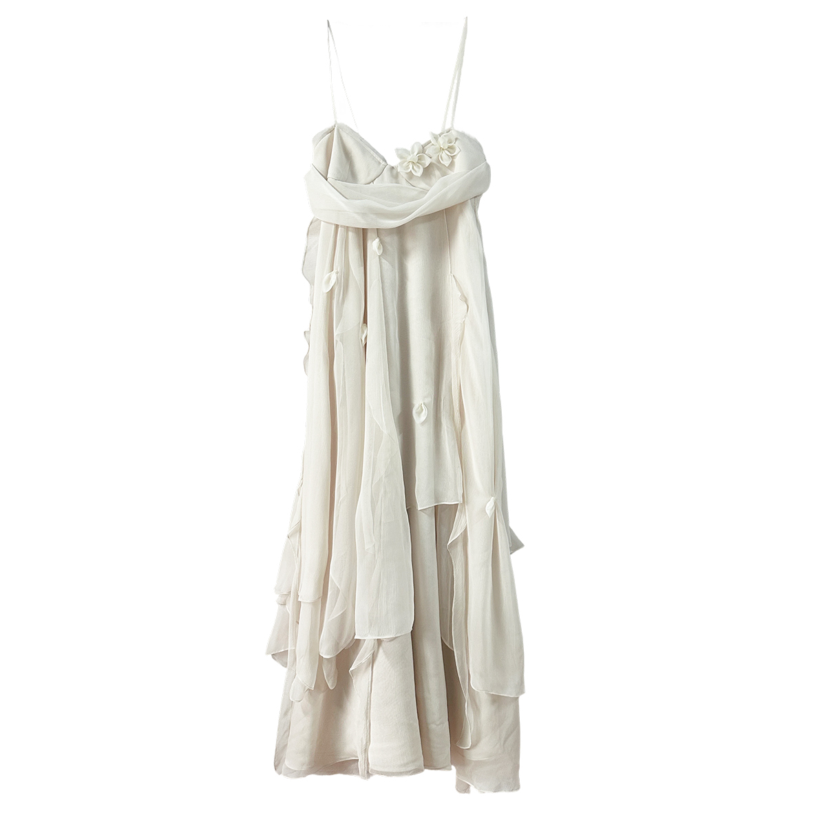 Silk elegant white holiday dress decorated with three-dimensional flowers