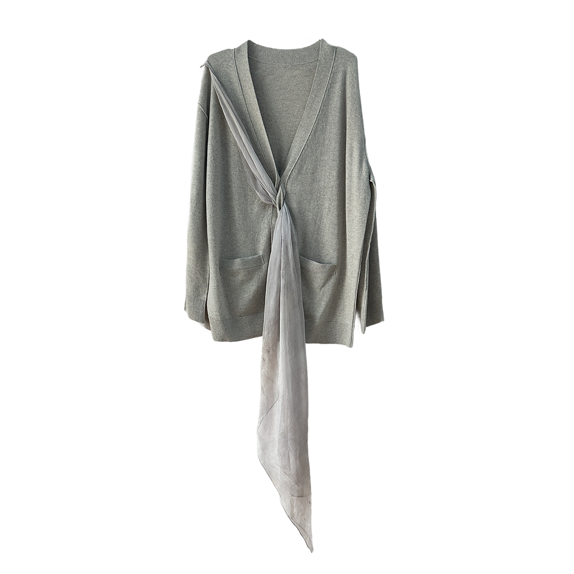 Extra fine merino wool ribbon short knitted cardigan gray