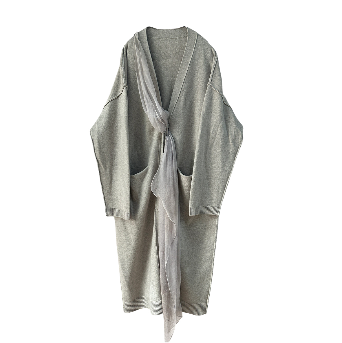 Extra fine merino wool ribbon long knitted cardigan gray