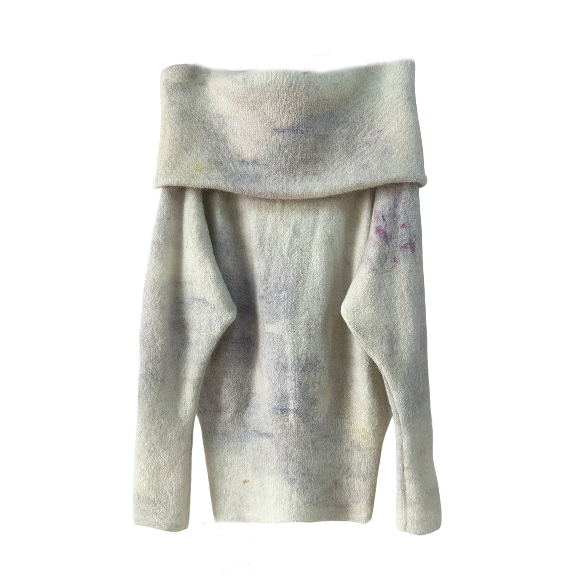 Original plant-dyed printed off-shoulder long-sleeved short sweater with hem tightened pattern