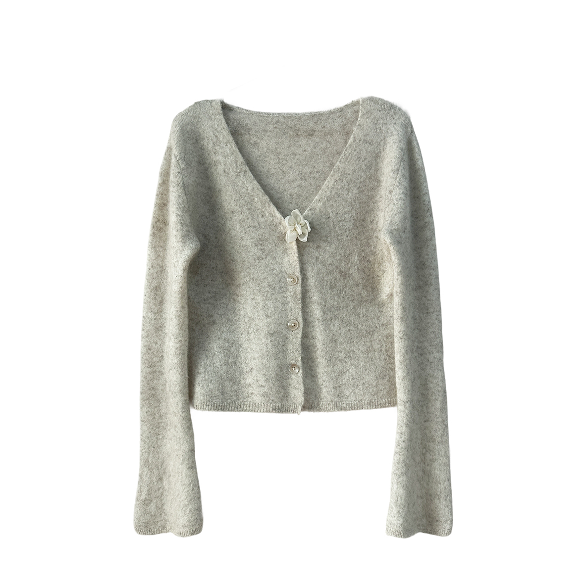 Three-dimensional floral mohair short long-sleeved knitted cardigan beige