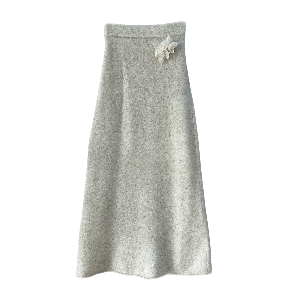 Beige long knitted mohair skirt with three-dimensional flower decoration