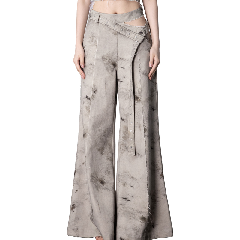 Original plant-dyed printed wide-leg jeans with hollow waist and flowing belt in gray