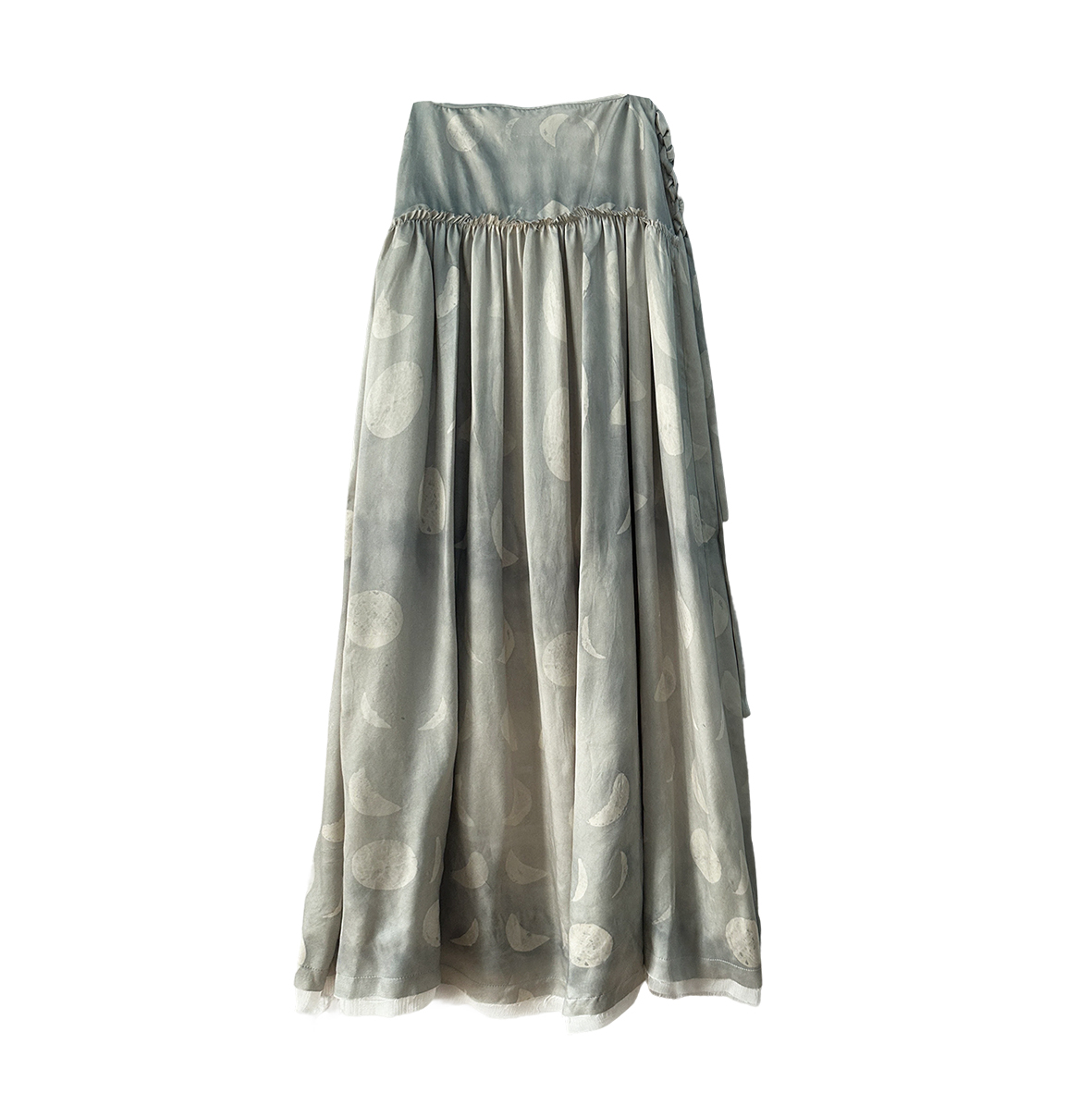 Original moon print cupro patchwork silk pleated loose skirt blue