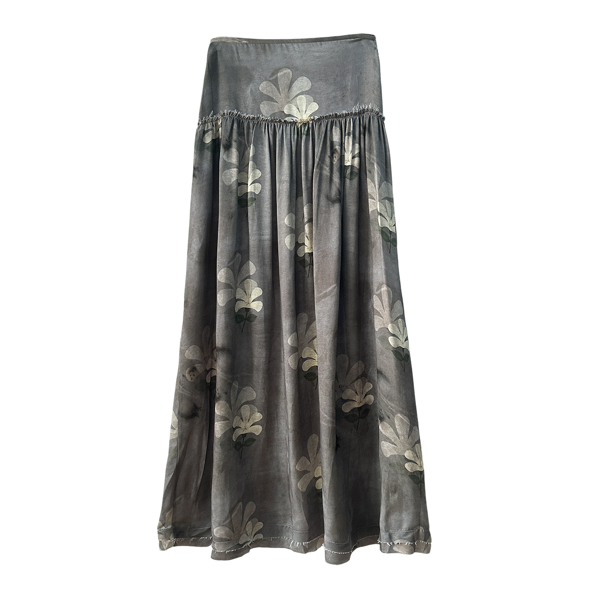 Original Jiulixiang printed island silk patchwork pleated loose skirt gray