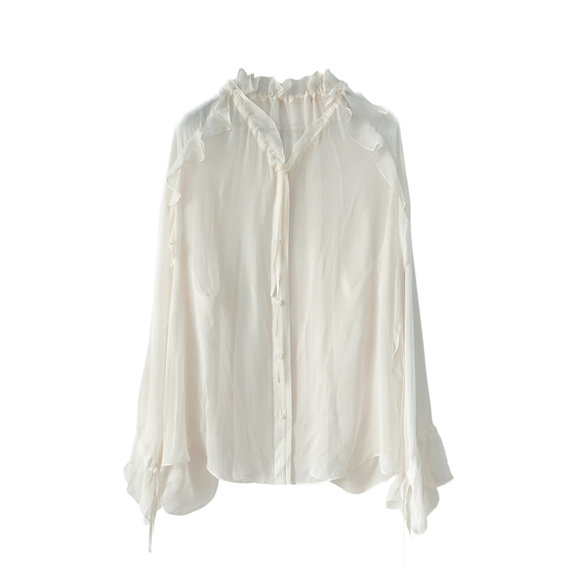White dark pattern jacquard ruffled drawstring lace-up shirt white