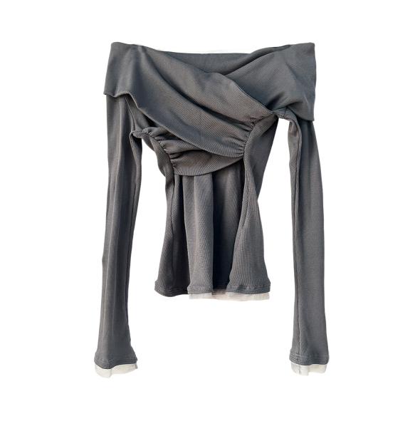 Three-dimensional cropped off-shoulder slim long-sleeved stretch gray purple top
