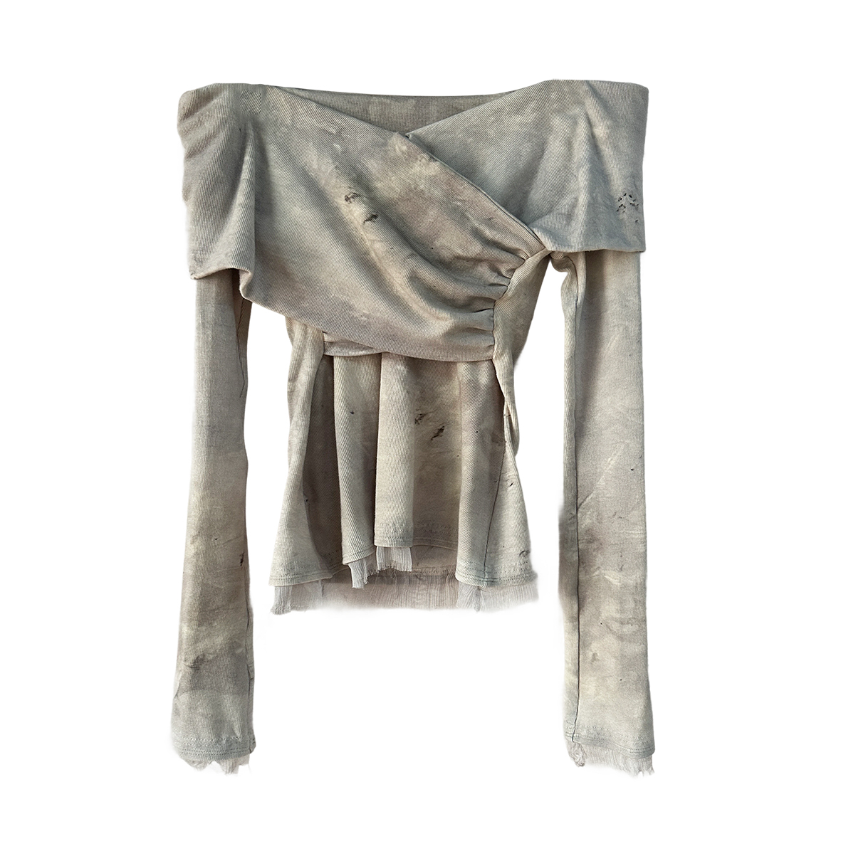 Three-dimensional cropped off-shoulder original plant-dyed printed slim-fitting long-sleeved stretch top pink