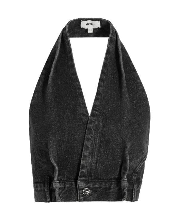 Black denim backless deconstructed halterneck vest