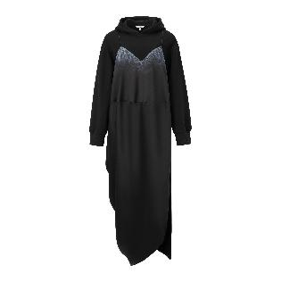 Black and gray laser embroidered satin lace patchwork sweatshirt dress