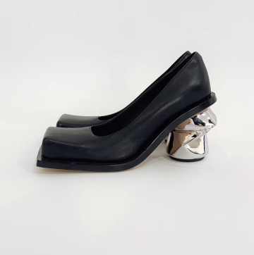 Black/Silver Square Toe Broken-Heel Boat Shoes