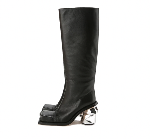 Black/Silver Square Toe Treaded High Boots