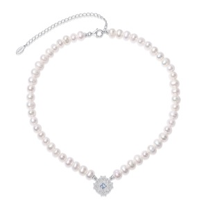 Floral Lace Pearl Necklace Silver