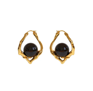 Melted Wax Series Black Onyx Large Bead Earrings Golden Black Onyx - Image 1