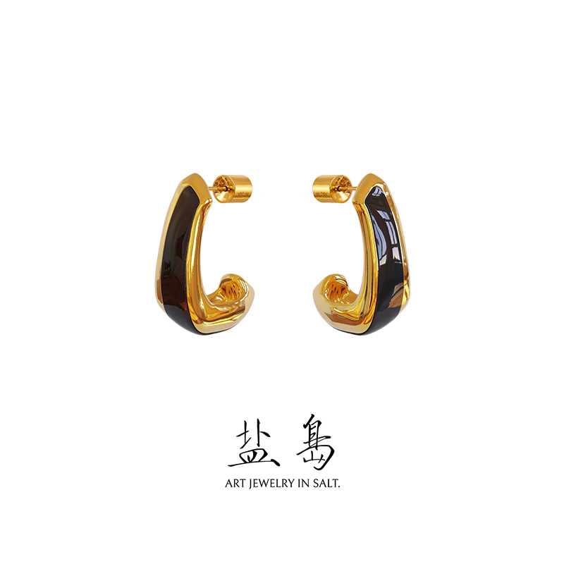 Calligraphy series vertical curved hook earrings gold large size