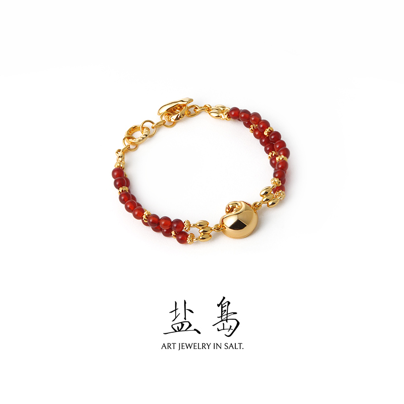 Gold Scale Koi Red Agate Beaded Bracelet Gold