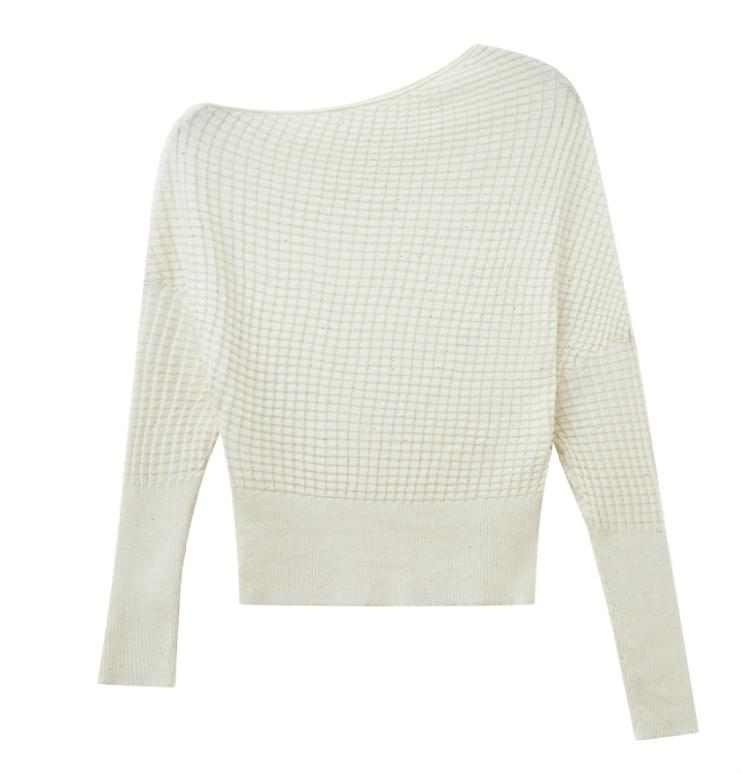 HTension plaid texture off-shoulder top one-line oblique shoulder two-wear knitted bottoming shirt milk white