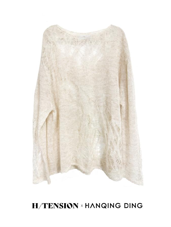 HTensionxHANQINGDING designer series irregular hollow floating line mohair blouse beige color